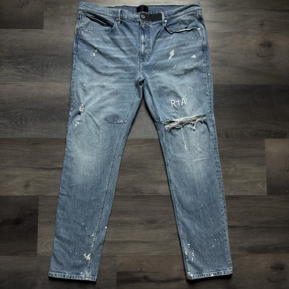 RtA Clayton Skinny Jeans Mens 42 Distressed White Paint Splatter Pintuck Dagger